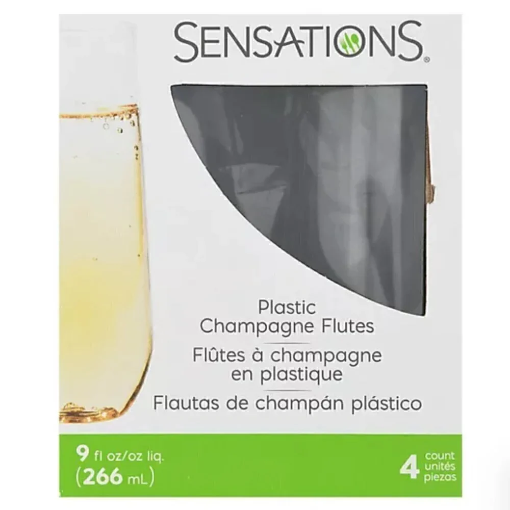 Sensations Champagne Flutes Plastic 4 Count 9 Ounce Clear Stemless Disposable